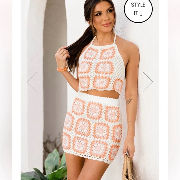 Pink Lily| size medium| pink & orange squared away crochet tank and skirt set - Picture 2 of 11
